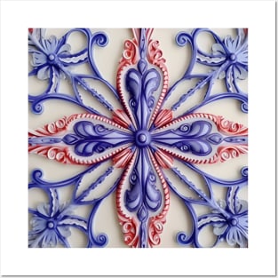 Fourth of July Inspired Design With Flower Center and FIligree Posters and Art